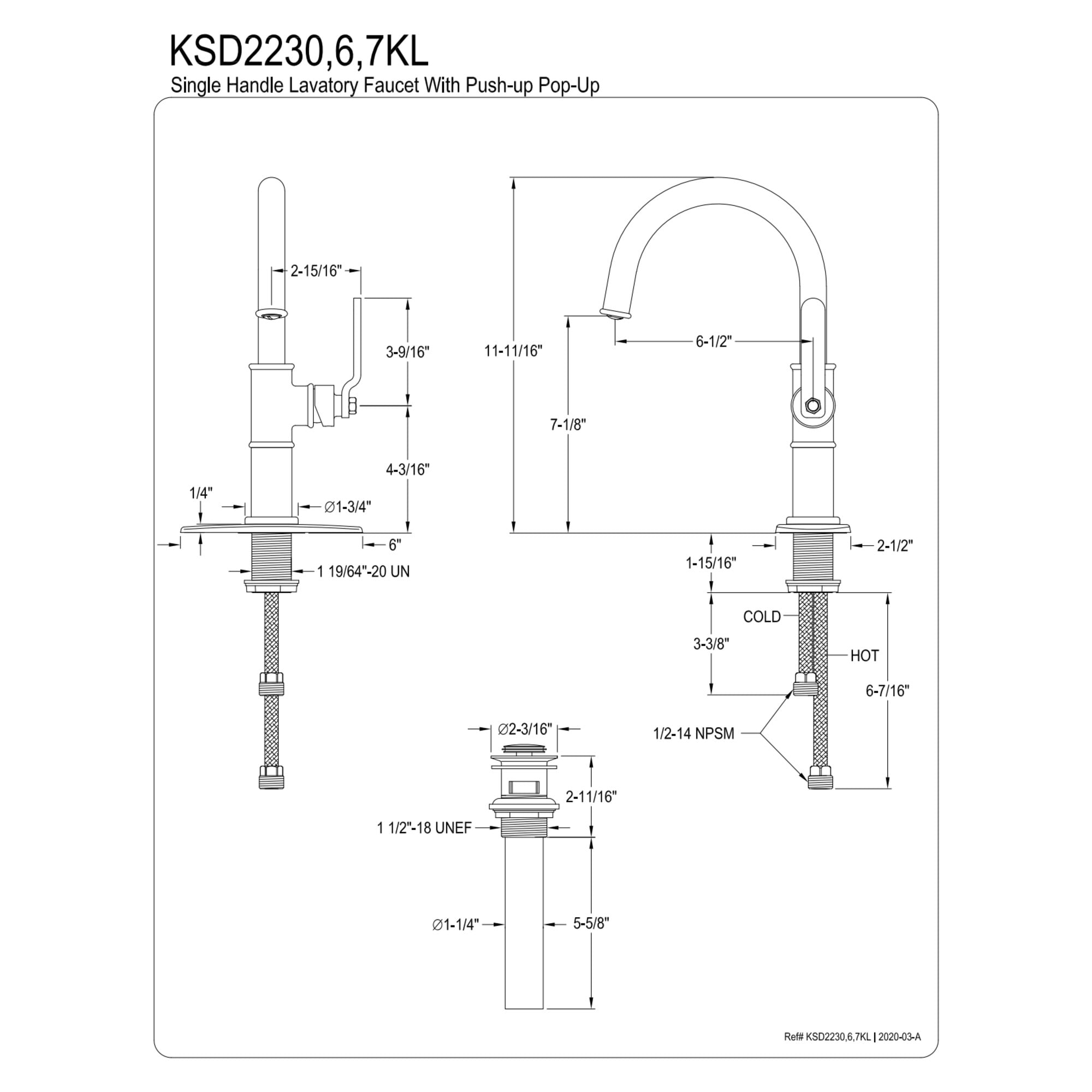 Kingston Brass KSD2237KL Whitaker One-Handle Single-Hole Bathroom Faucet with Deck Plate and Push Pop-Up Drain, Matte Black/Rose Gold