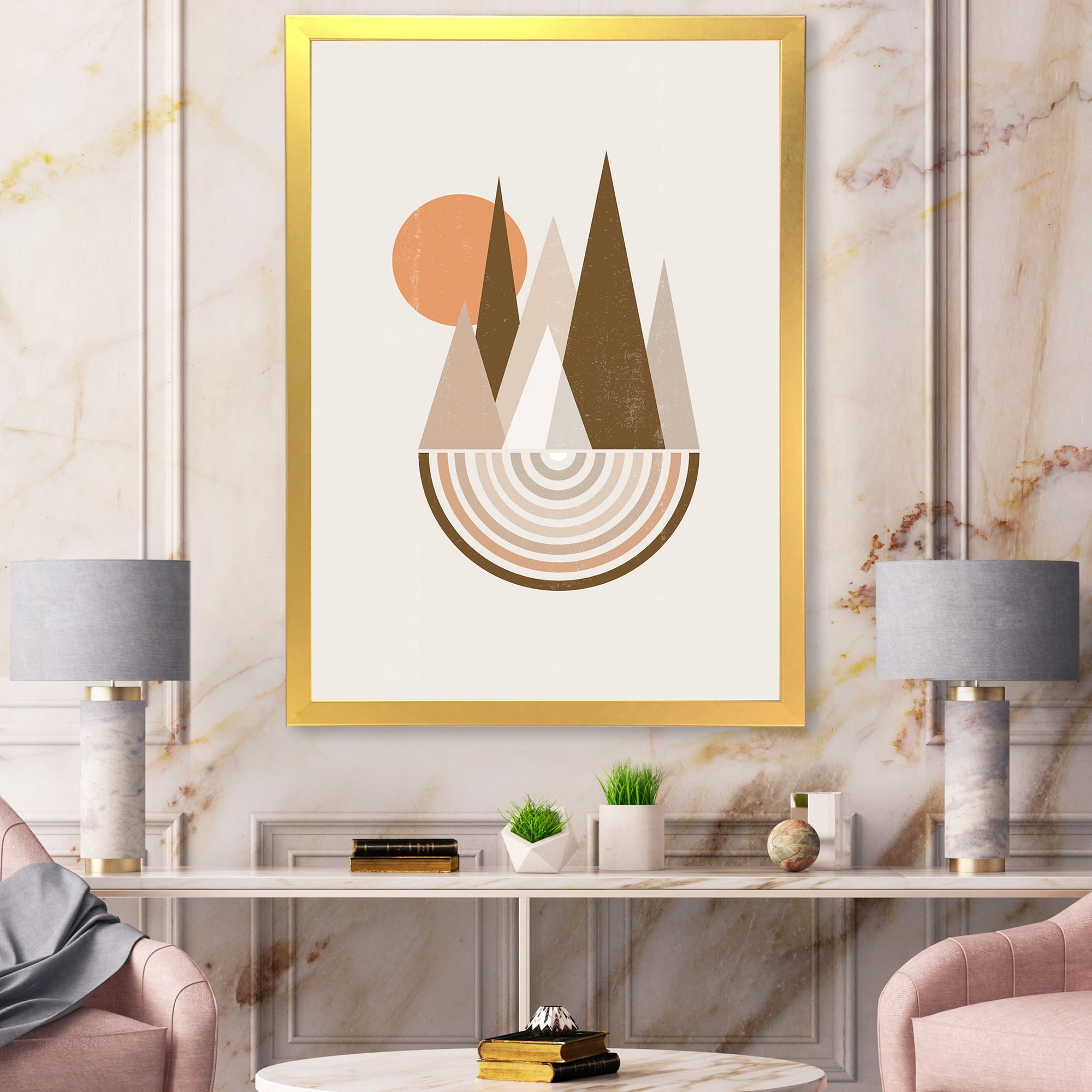 Designart 'Minimalistic Red Full moon Landscape With Mountain' Modern Framed Art Print