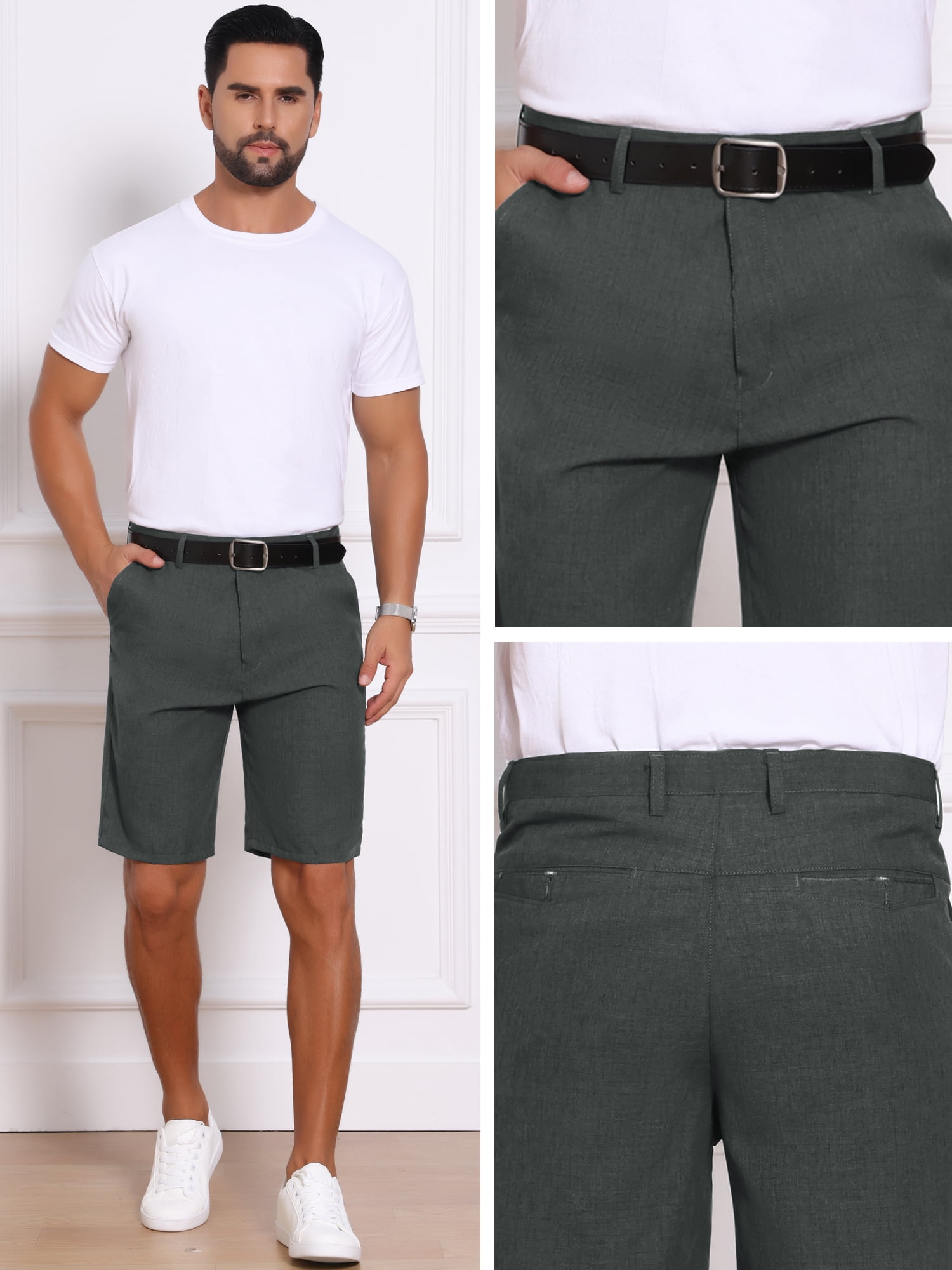 DARING DIVA Men's Above Knee Formal Linen Texture Shorts Pants with Pockets 34 Dark Gray