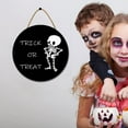 thumbnail image 2 of Eveokoki 11" Trick or Treat Funny Skeleton Halloween Decoration Halloween Sign for Front Door Round Wooden Hanging Wreaths for Home Wall Decor Halloween Day Party Decoration Outdoor Indoor, 2 of 5