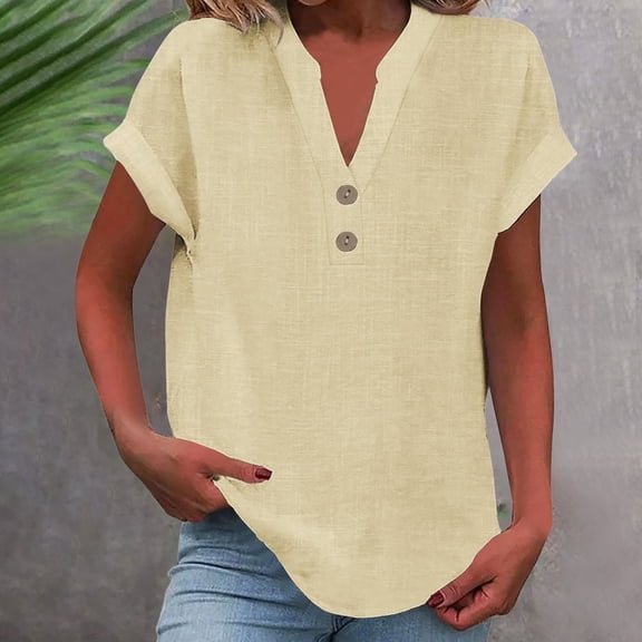 ZHOGXU Women's Summer T-Shirts V Neck Short Sleeve Solid Color Buttons Curved Hem Comfortable Breathable Tee Top For Casual Daily Wear,Beige,L
