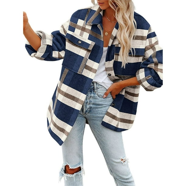 Chaqueta de Franela A Cuadros para Mujer, Ideal para Otoño Camisa de Larga con Botones y Bolsillos Laterales Azul Marino XXL