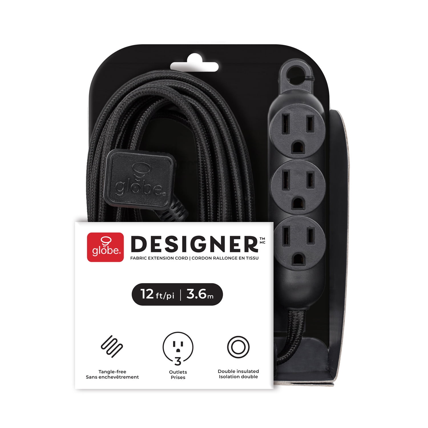 Globe Electric 12 ft. 3-Outlet 16/3 Black Fabric Extension Cord with Right-Angle Plug and Integrated Hanging Hook