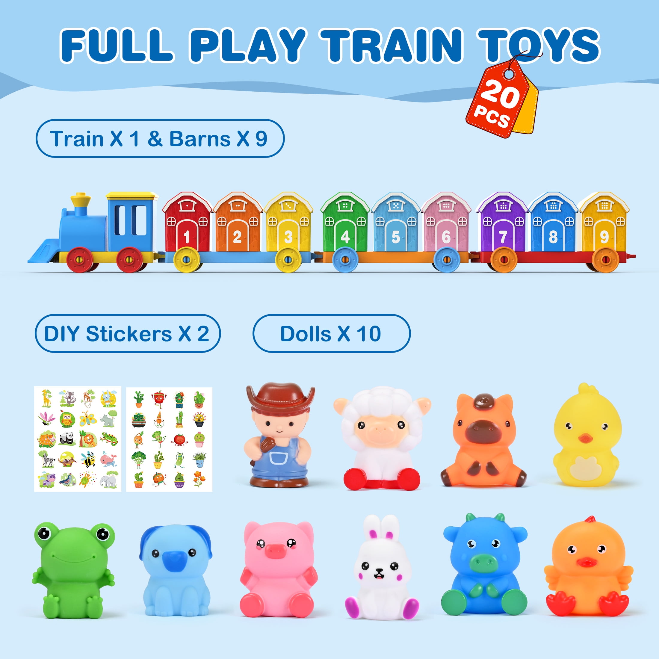 QIAHO Montessori Toys for Toddlers, 20 Pcs Counting, Matching, Sorting Preschool Learning Toy Train Set with Train, Barns and Finger Puppets Birthday Gift for Baby Boys Girls