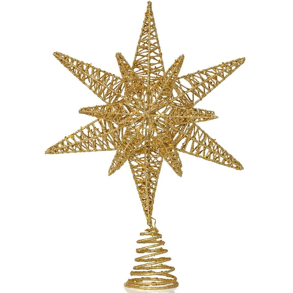 Ornativity Gold Star Tree Topper – Christmas Gold 3D Glitter Star Ornament Treetop Decoration for Large Tree