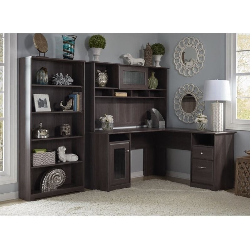 Bush Cabot 60 L Shape Desk With Hutch And 5 Shelf Bookcase In Bush Cabot 60 L Shape Desk With Hutch And 5 Shelf Bookcase In Heather Gray