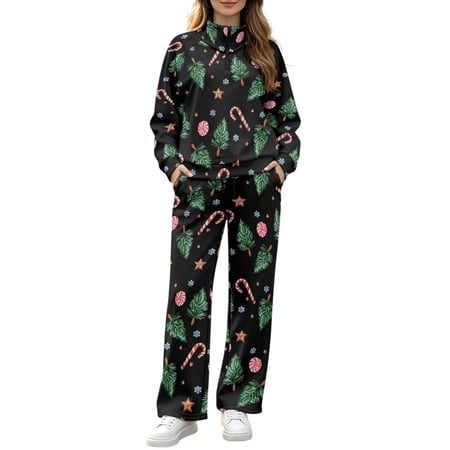 Xoenoiee Christmas Tree Candy Star Snowflake Print Women s 2 Piece Outfits Lounge Sets Lapel Mock Neck Long Sleeve Zip Up Sweatshirt Matching Wide Leg Pants Tracksuit Sets Xmas Sweatsuit M