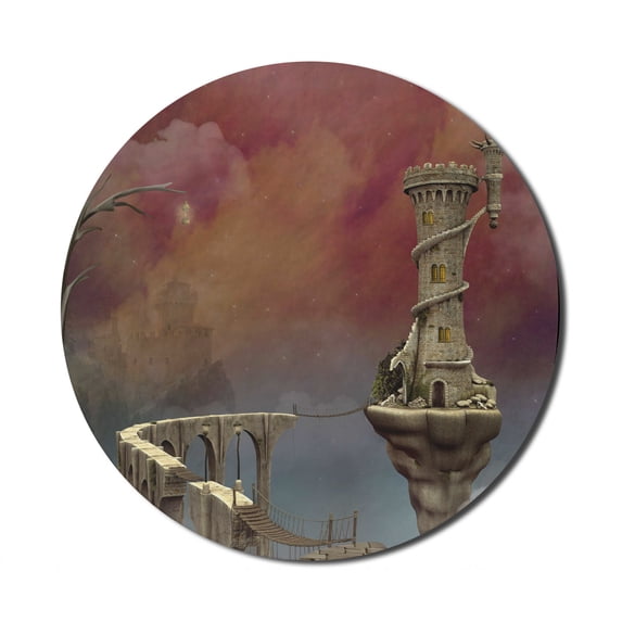 Fantasy Mouse Pad for Computers, Fairy Tale Medieval Castle High Clouds in the Foggy Mist Air Scenery, Round Non-Slip Thick Rubber Modern Gaming Mousepad, 8" Round, Tan Coral Blue, by Ambesonne