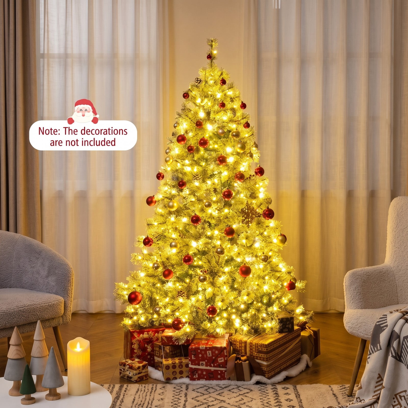 RUIE 6 FT Pre-Lit Artificial Christmas Tree, Hinged Holiday Tree with 350 Color-Changing LED Lights, 598 Branch Tips, Pine Cones and Red Berries, Quick Power, Green