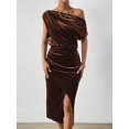thumbnail image 4 of Mocha Brown Womens Mid-Length Off Shoulder Fitted Velvet Dress With Side Slit, 4 of 6