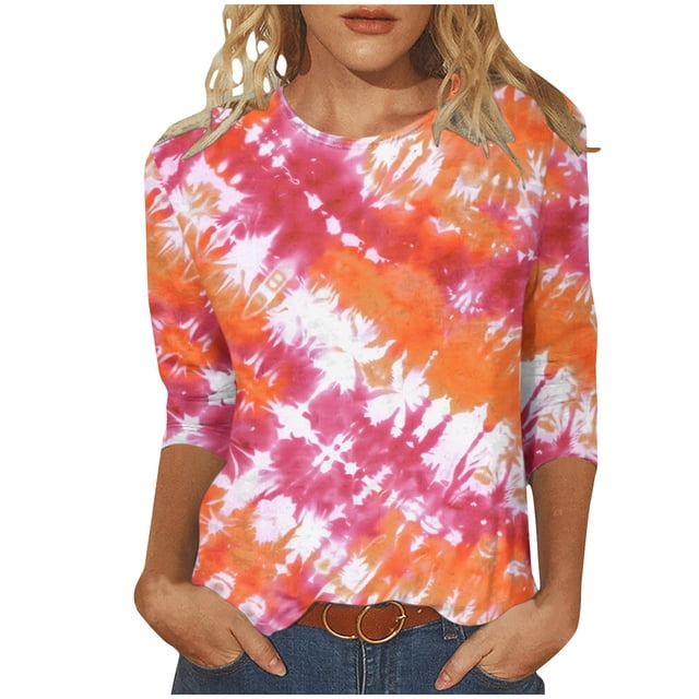 Wanfds Orange Ladies Tops Clearance Round Neck Three-Quarter Sleeve Top M
