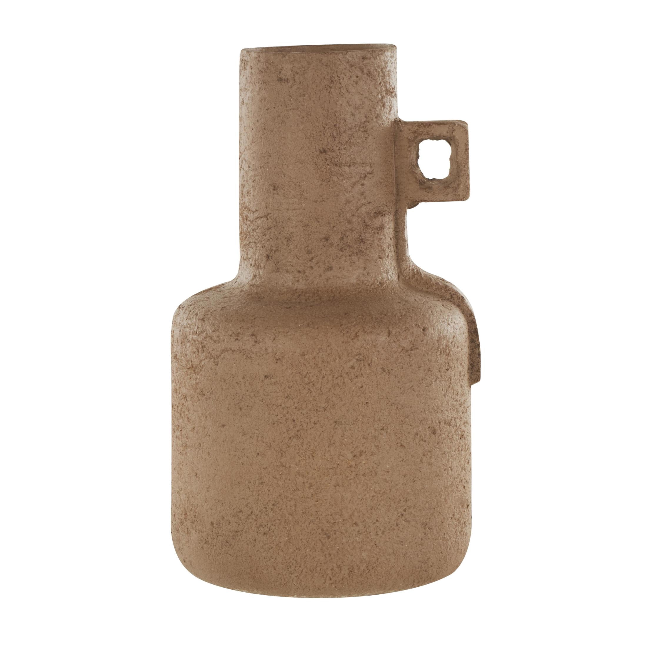 DecMode 15" Abstract Distressed Textured Brown Paper Mache Vase with Geometric Handle