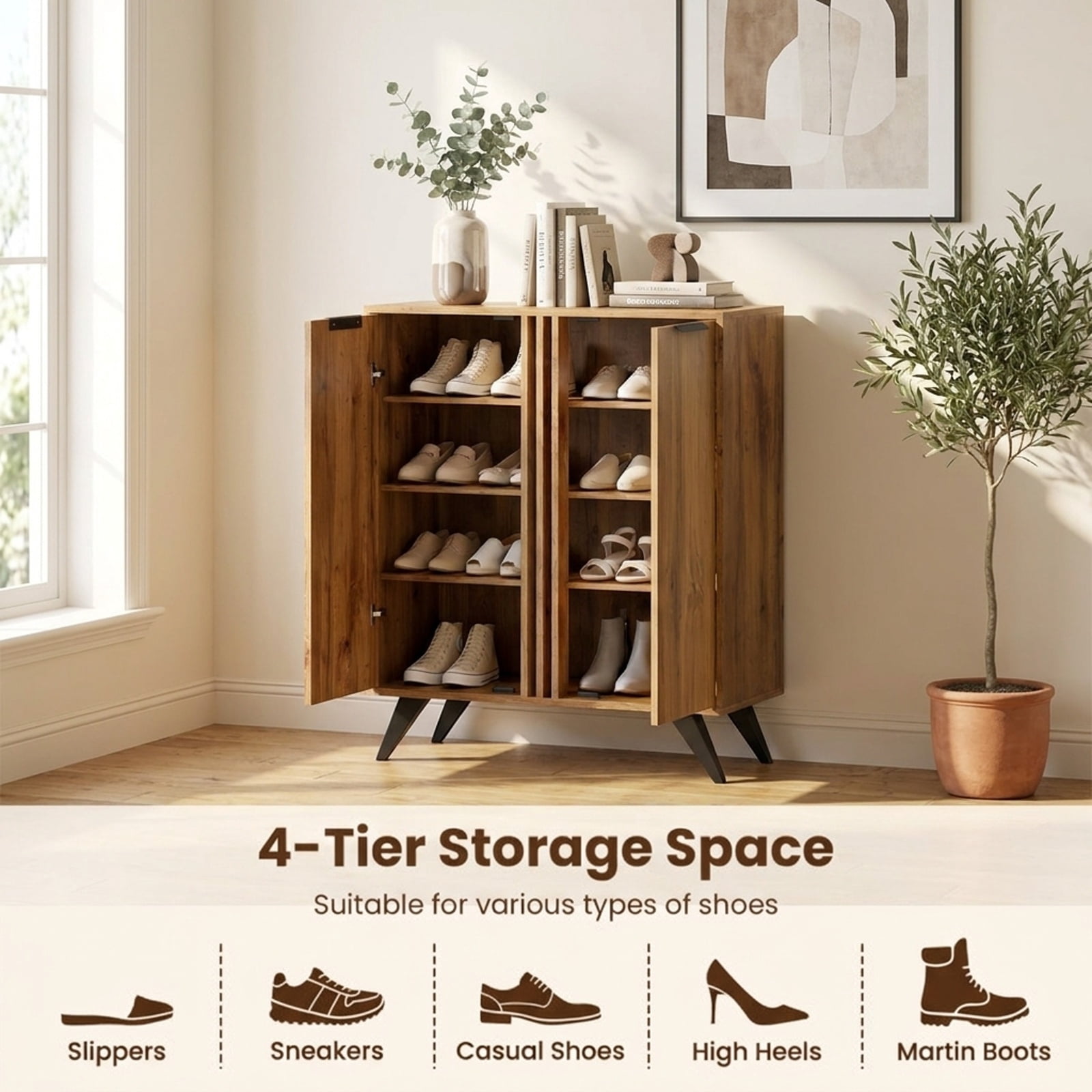 Furnibear 4 Tier Freestanding Hidden Shoe Cabinet with 2 Doors and Ventilated Shelves for Entryway Closet and Living Room, Natural