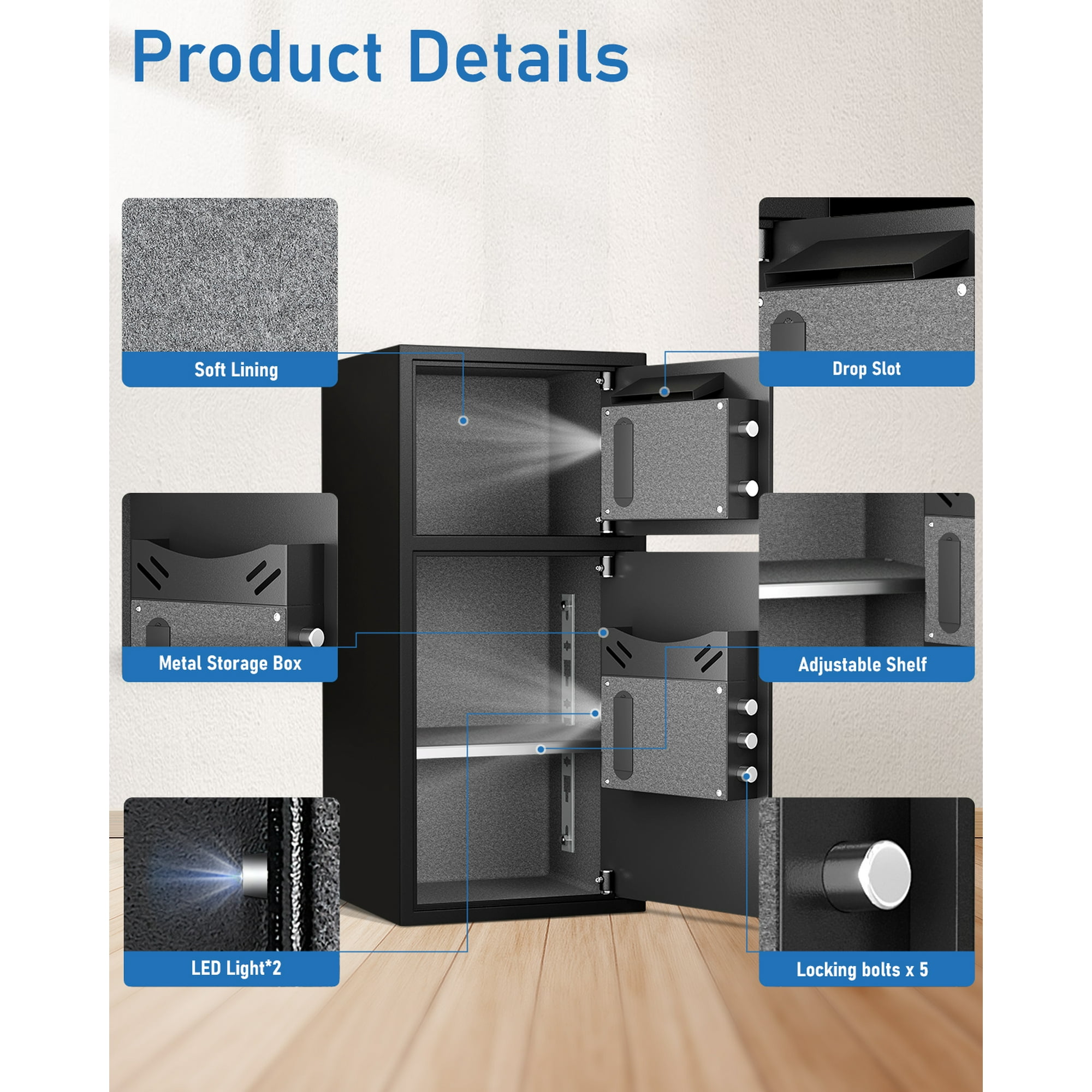 Omethey 6.0 Cub Home Safe Box Fireproof Waterproof, Money Safe with Deposit Slot and Backlit Keypad, Heavy Duty Digital Home Safe with Dual Alarm Sytem, Fireproof Safe with 2 Doors for Home Valuables