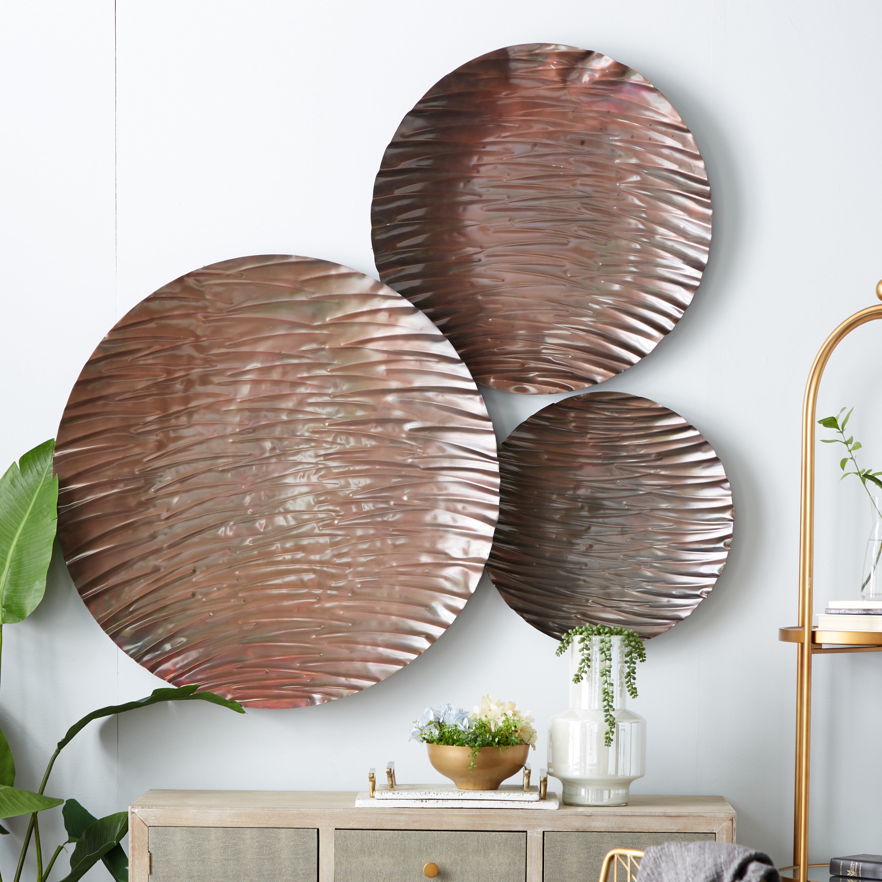 DecMode Bronze Metal Large Metallic Disk Plate Wall Decor (3 Count)