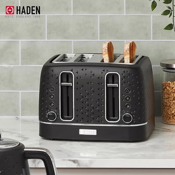Haden Starbeck 4 Slice Wide Slot Stainless Steel Toaster with Adjustable Browning Control & Non-Slip Feet, Black & Chrome