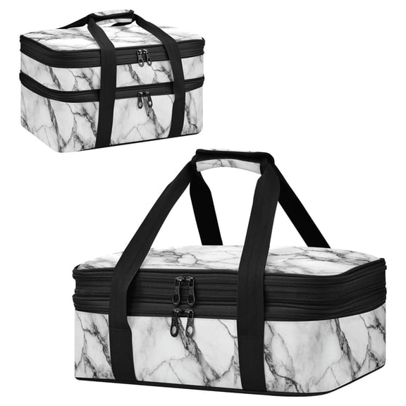 Large Double Decker Insulated Casserole Carrier Expandable 2-Layer Thermal Food Tote Bag Elegant Marble Texture Print Hot Cold Pizza Lasagna Holder for Potluck Picnic Party Camping