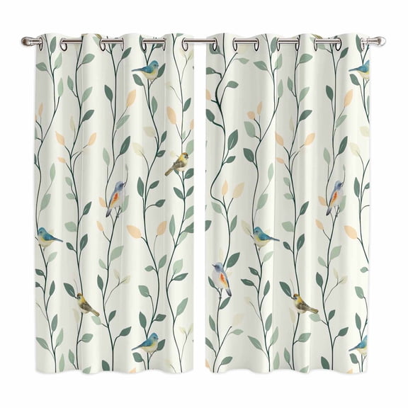 Green Botanical Kitchen Curtains 63 Inch Length, Spring Summer Birds Watercolor Grommet Top Bedroom Living Room Curtains, Light Filtering Cafe Curtain Drapes 2 Panels Set 84''x63''