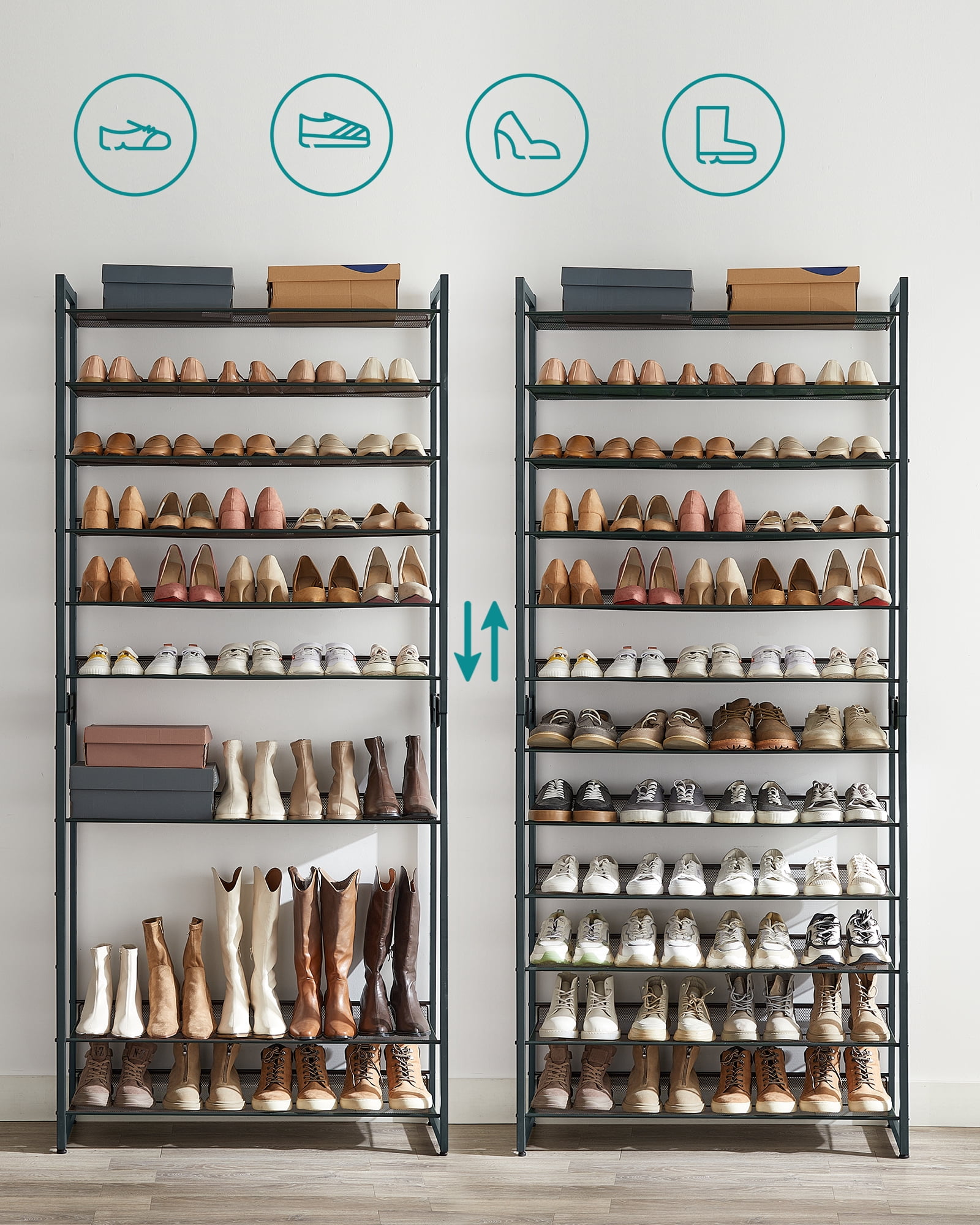 12-Tier Metal Shoe Rack Organizer, Stackable Shoe Storage for Closet, Entryway, Garage Slanted Shelves, Holds 48-60 Pairs, Grey