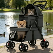 Puedo Double Pet Stroller for Small Cats and Dogs, Foldable Kittens Puppies Travel Strolling Cart with 2 Carriages, Lockable Wheels, Black