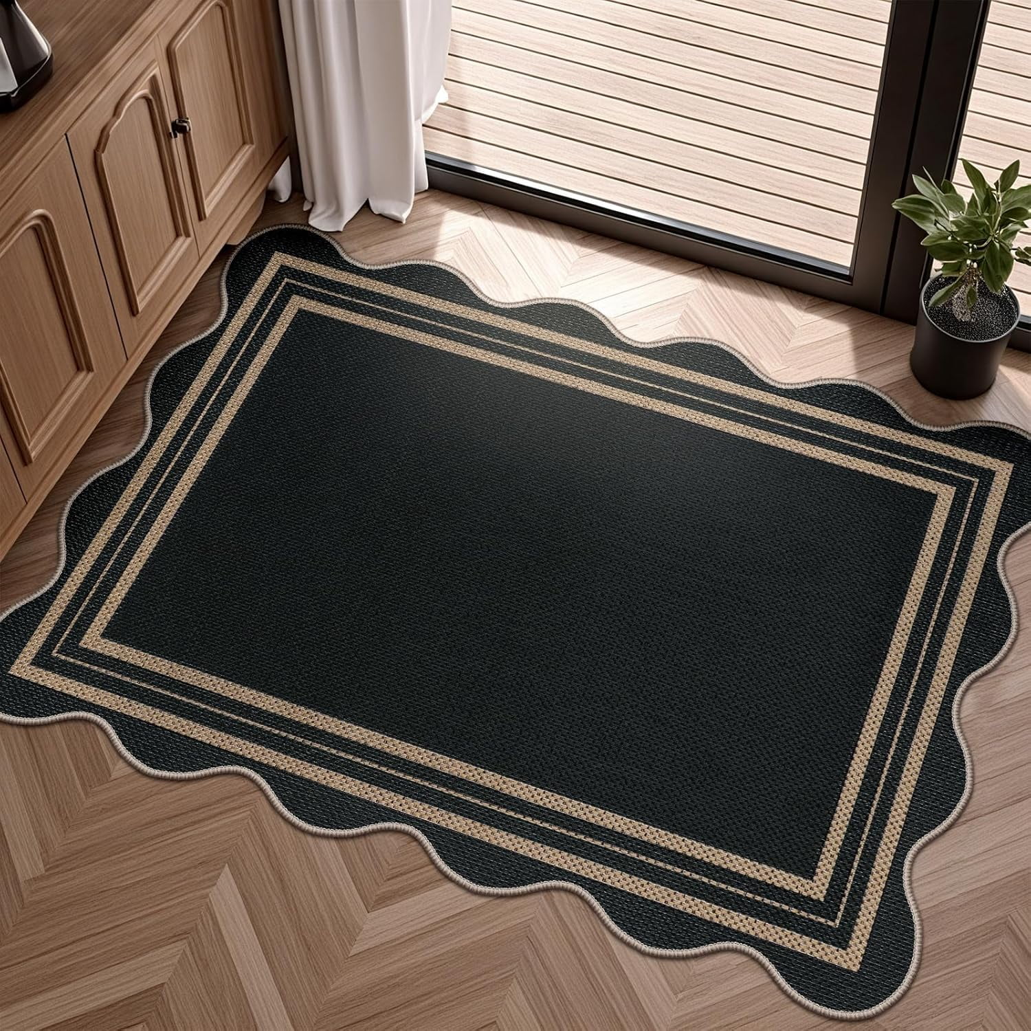Easy Jute Black Kitchen Rug, Front Door Mat Washable Non Slip Small Entryway Rug, Indoor Outdoor Farmhouse Scalloped Doormat for Bathroom Doorway Porch