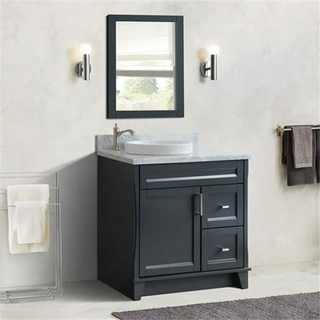 37 in. Single Sink Vanity with Carrara Marble Top, Dark Gray & White - Left Door & Round Left Sink