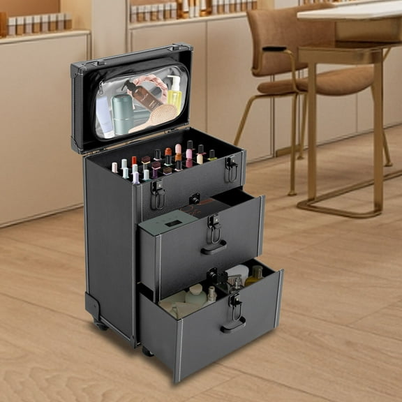 3-Tier Rolling Makeup Train Case Cosmetic Storage Trolley w/Drawer Organizer with Lock, for Manicurists, Makeup Artists, Hair barbers, Nail Technicians, Estheticians