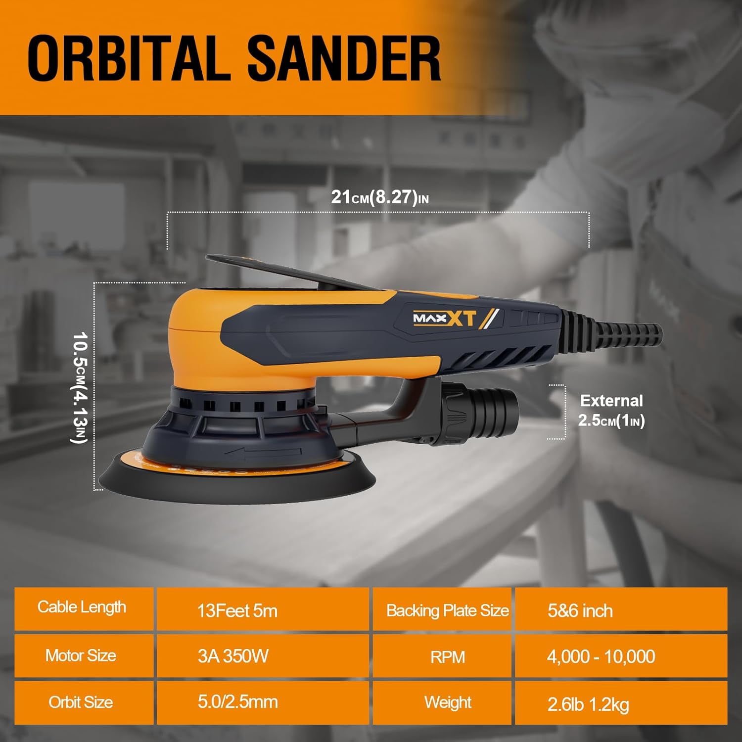 MAXXT Electric Palm Random Orbital Sander with Brushless Motor, 5&6Inch Sanding Pads, Central Vacuum, Sanders for Woodworking
