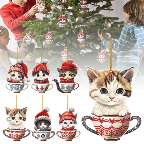 6 Pack Teacup Cat Ornaments, Kitten in Mug Pendant, 3.1 inch, 2D Acrylic Flat Hanging Decor, Cute Pet Animal Charms for Christmas Tree, Cat Mom Gifts, Holiday Party Supplies, Multicolor, Acrylic