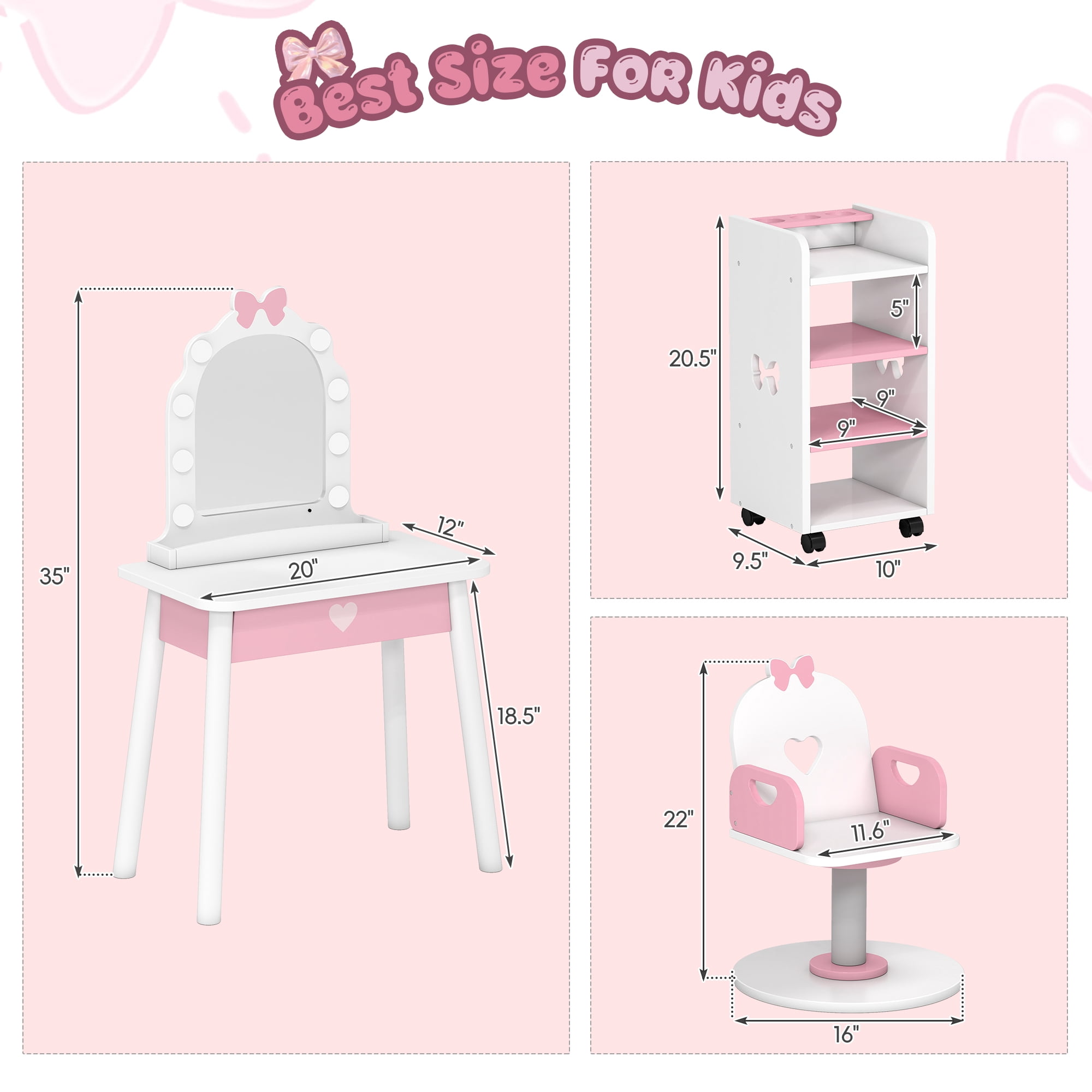 Reasea Kids Vanity Set with Light & Barber Chair, Pretend Play Makeup Dressing Table with Storage Shelf, 7 Pcs Hair Salon Accessories