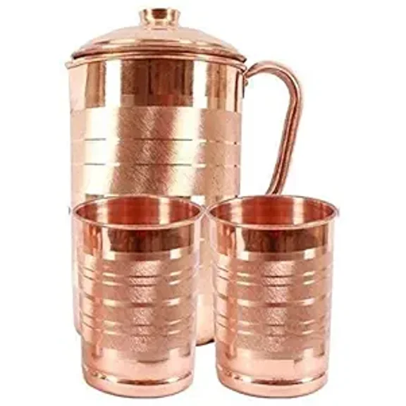 Karmbhumi Jug Pitcher 1500 ML with 2 Glass Tumbler Copper for Kitchen Serveware and Drinkware