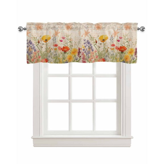 Orange Floral Linen Curtain Valance for Bedroom/Bathroom/Kitchen/Office/Living/Dining Room Windows,Vintage Botanical Flower Plant Herbs Rod Pocket Topper Drapes Decorative Cafe Drapery Panel 42x18