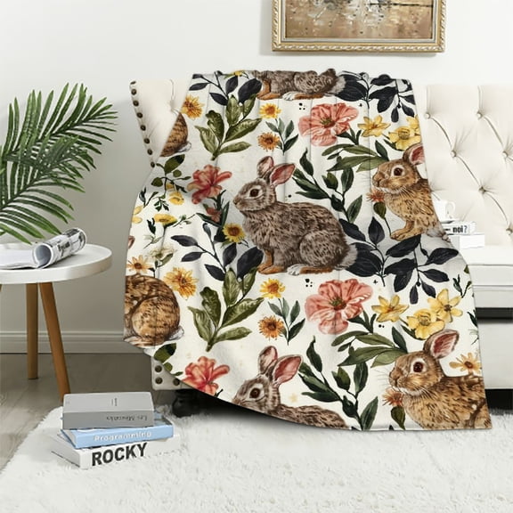 JRXY Easter Fuzzy Blanket Watercolor Floral Bunny Throw Blanket Soft Warm Flower Rabbit Blanket for Spring Home Chair Sofa Couch Bed White