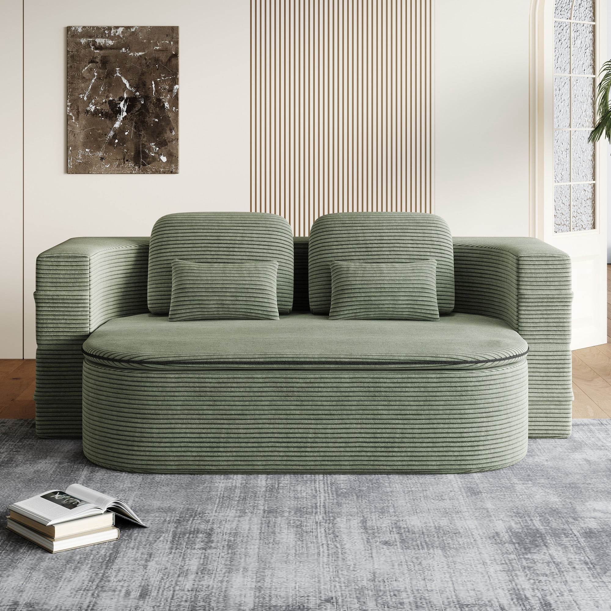 2-in-1 Convertible Sofa Bed,75'' Foldable Sleeper Sofa Bed,Corduroy Floor Folding Sofa Bed Lounge Sofa with Multi Functional Blanket for Living Room Bedroom,Green
