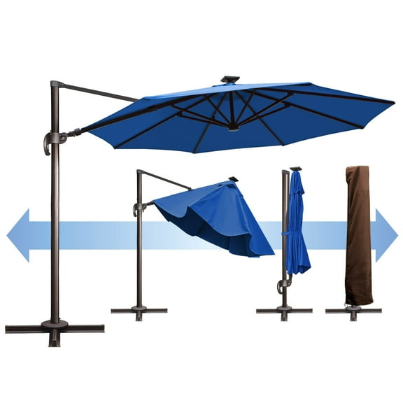SUNRISEUMBRELLA 11.5' Deluxe Cantilever Umbrella LED Lighted Umbrella Sunbrella Cover Patio Umbrella Garden Outdoor (Blue)