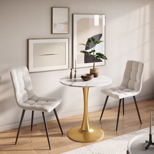 CorLiving Ivo Round Melamine Top Indoor Bistro Table with Metal Pedestal Base, Gold/White Marbled