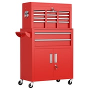 SUNCROWN 8-Drawer Metal Tool Chest, Rolling Tool Cart with Wheels,2 in 1 Detachable Tool Cabinets,Tool Box,Liners and Locking System for Garage,Warehouse,Workshop, Barbershop(Red)