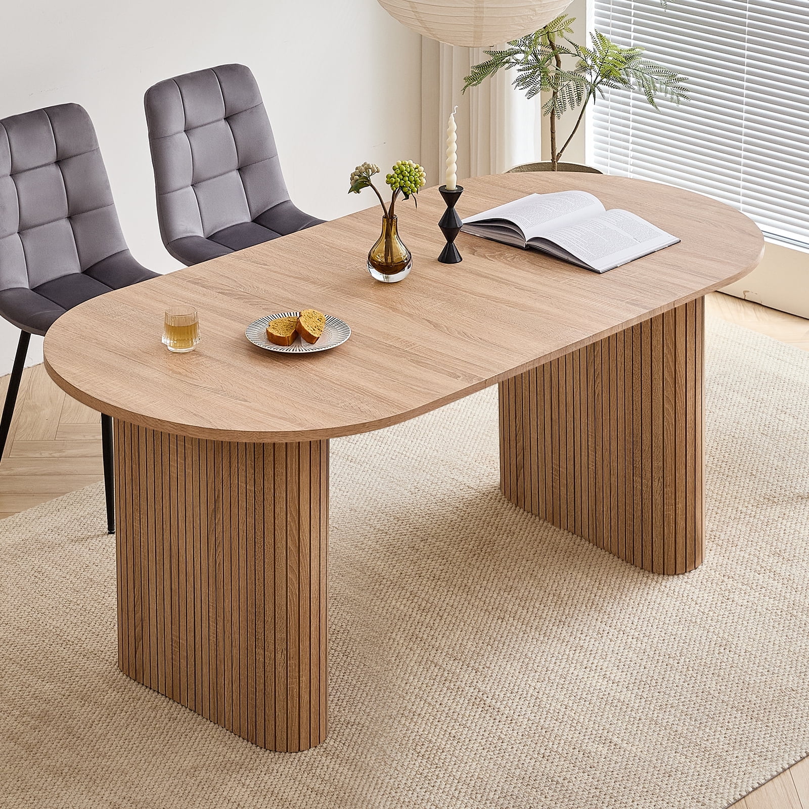 70.8" Dining Table for 4-6 Person Rustic Farmhouse, Oval Kitchen Dining Room Table with Wooden Strip Base for Apartment Living Receiption Room