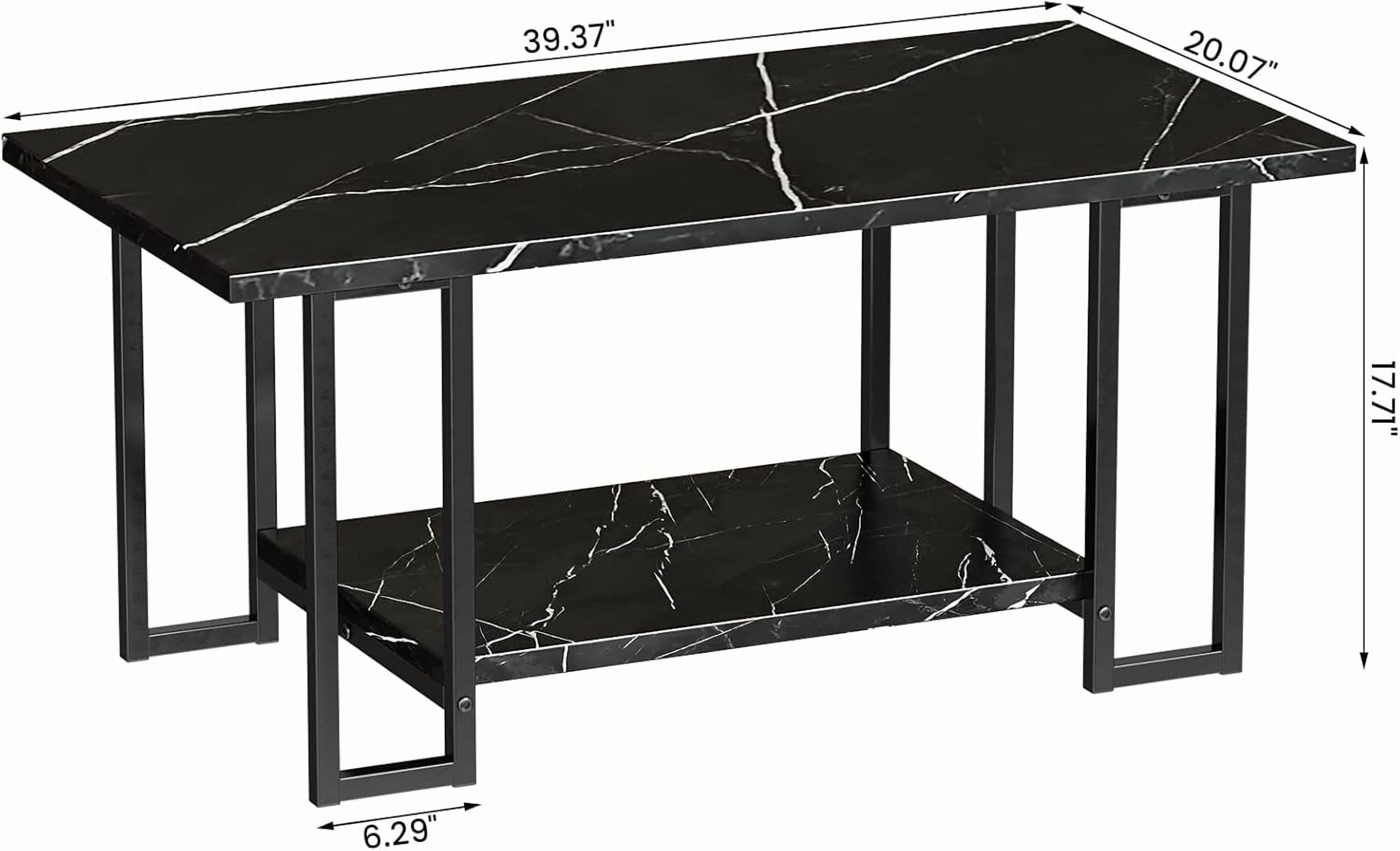 LinkRomat Modern Coffee Table, 40" Faux Marble Top Rectangular Coffee Table with Black Metal Frame, 2 Tier Living Room Table for Living Room, Office, Balcony, Black