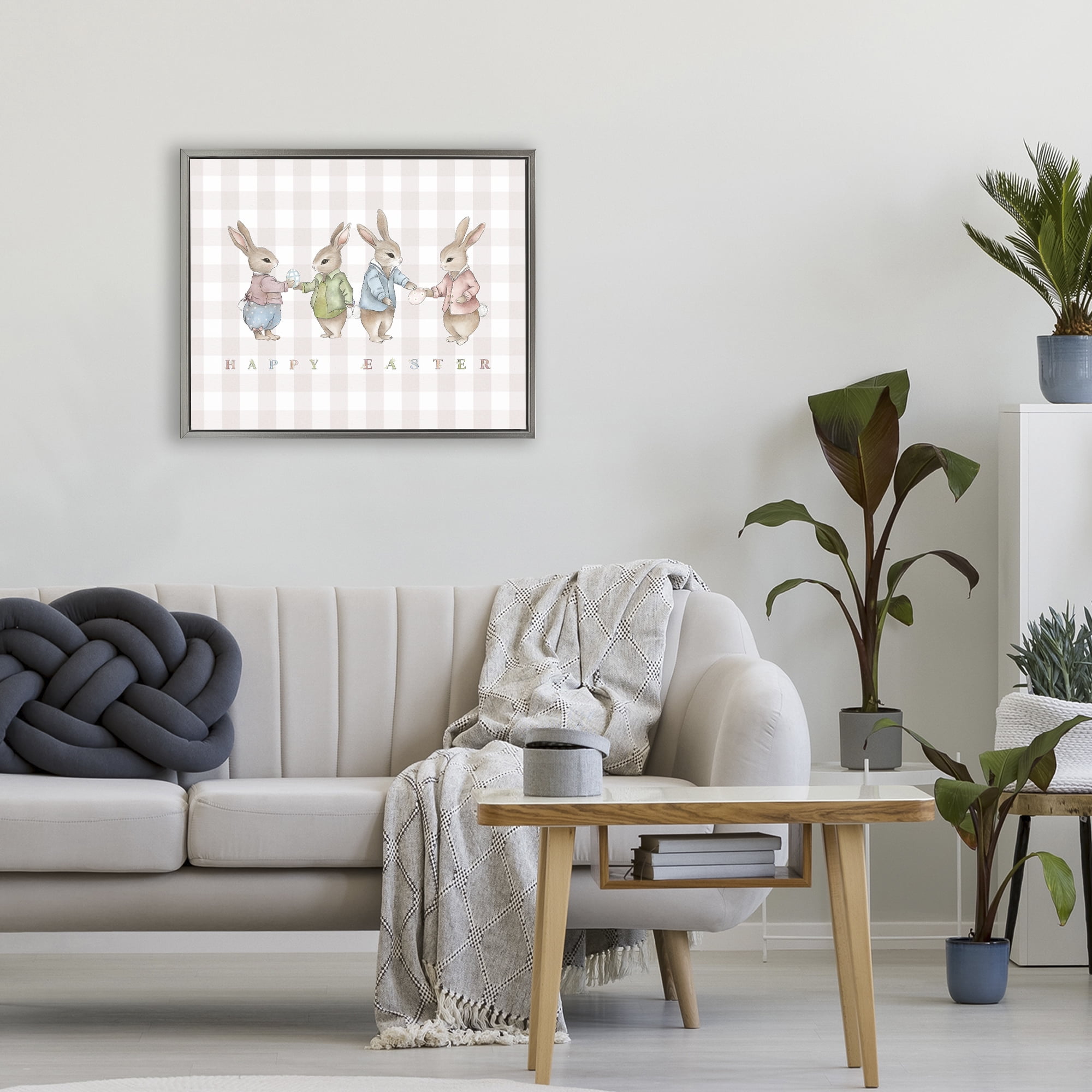 Stupell Industries Easter Bunnies Pink Gingham Gray Framed Floater Canvas Wall Art, design by Leah Straatsma