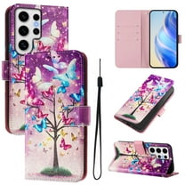 TECH CIRCLE for Samsung Galaxy S21 FE Case 6.4-Inch (2022 Release), Cute Cartoon Flip Wallet Case with Lanyard, Built-in Card Slots & Stand Function, Portable Lightweight Slim Cover, Butterfly Tree