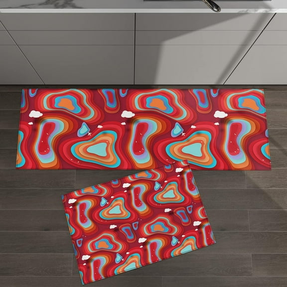 Red Teal Ombre Kitchen Rugs Set of 2, Cloud Modern Abstract Art Kitchen Mats for Sink, Non Slip Comfort Standing Mats Runner Rug, 18"x30" 18"x48"