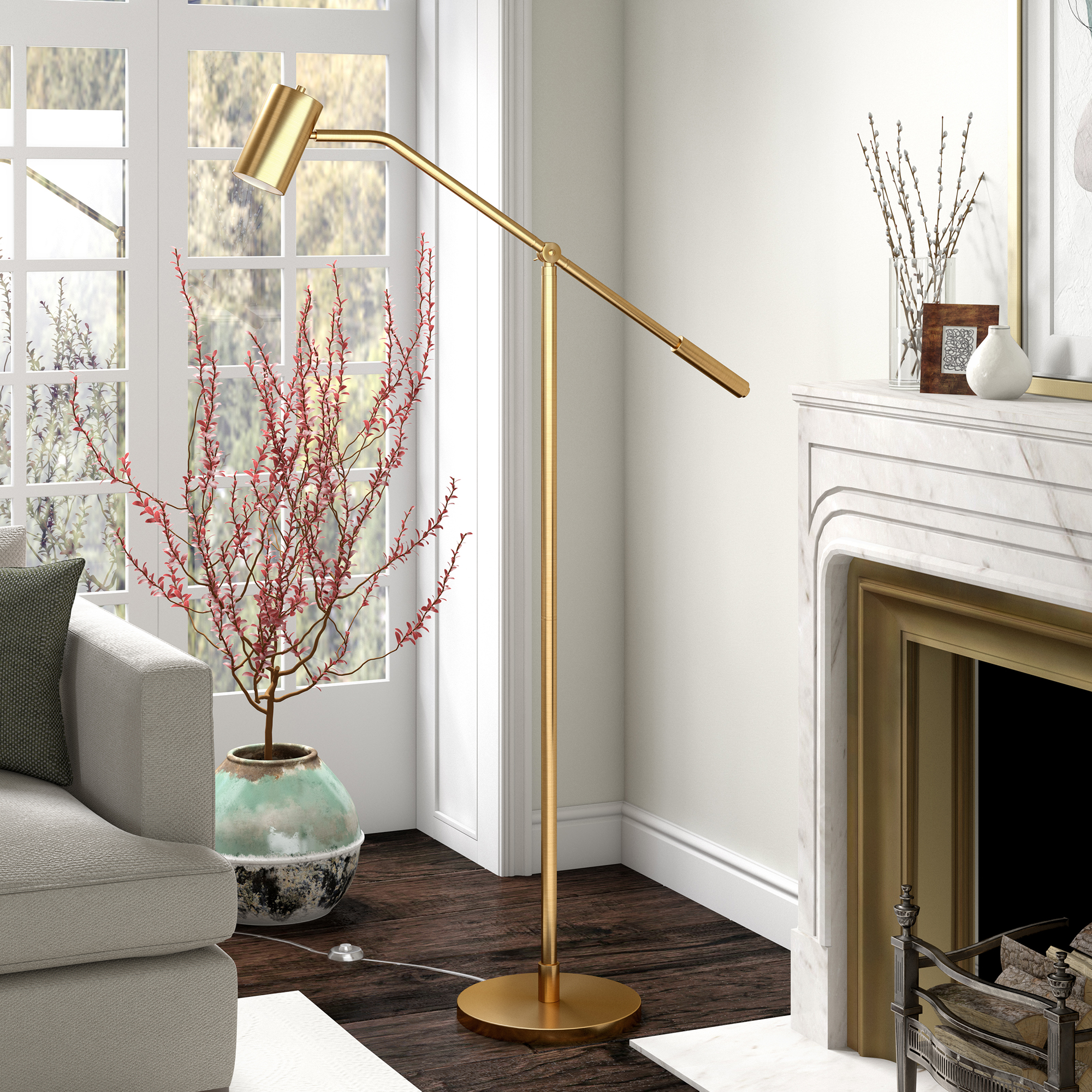 Evelyn&Zoe Willis Pharmacy Floor Lamp with Metal Shade, Brass/Brass