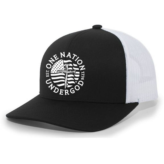 Christian One Nation Under God Est. 1776 Mens Embroidered Mesh Back Trucker Hat, Black/White