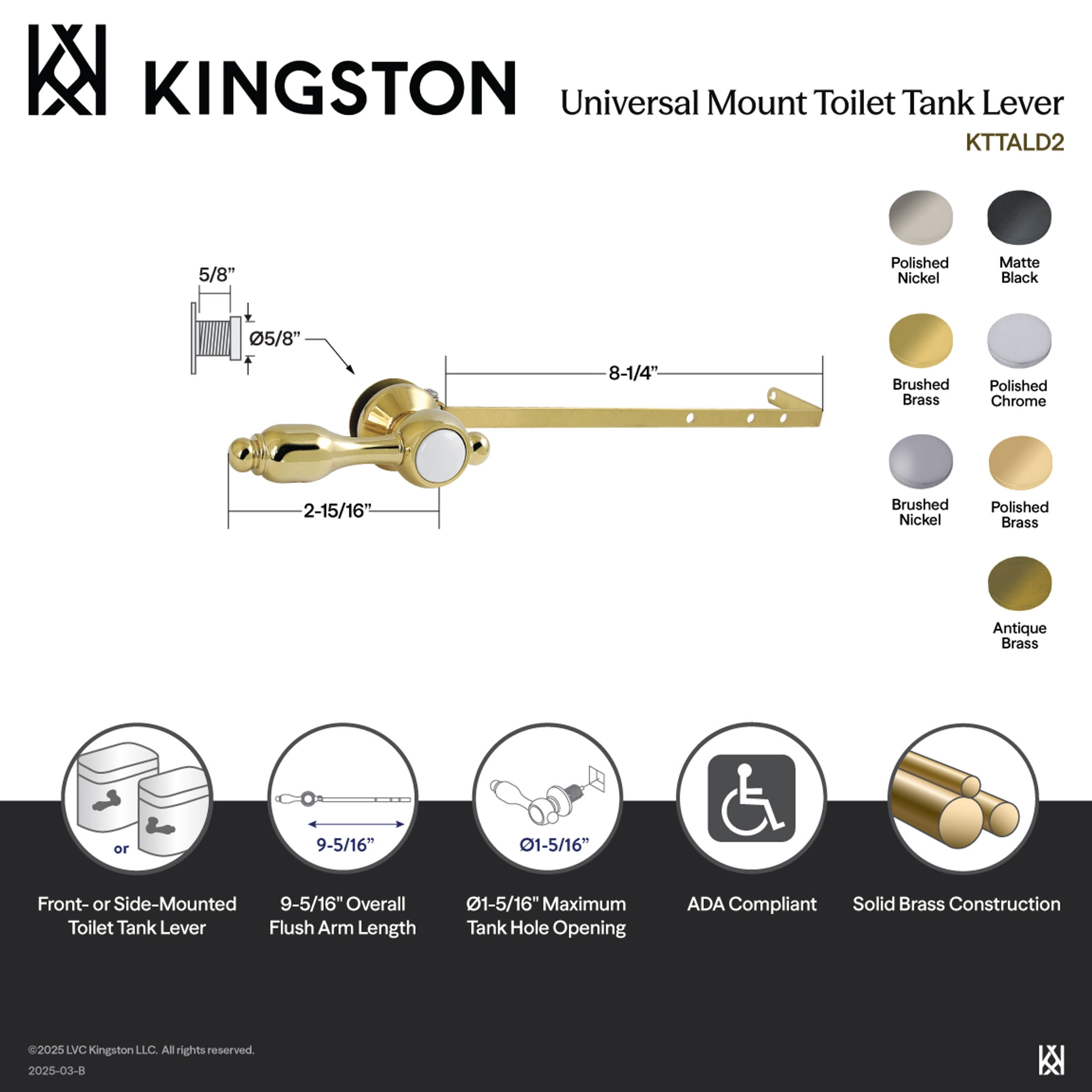 Kingston Brass KTTALD1 Tudor Universal Front or Side Mount Toilet Tank Lever in Polished Chrome