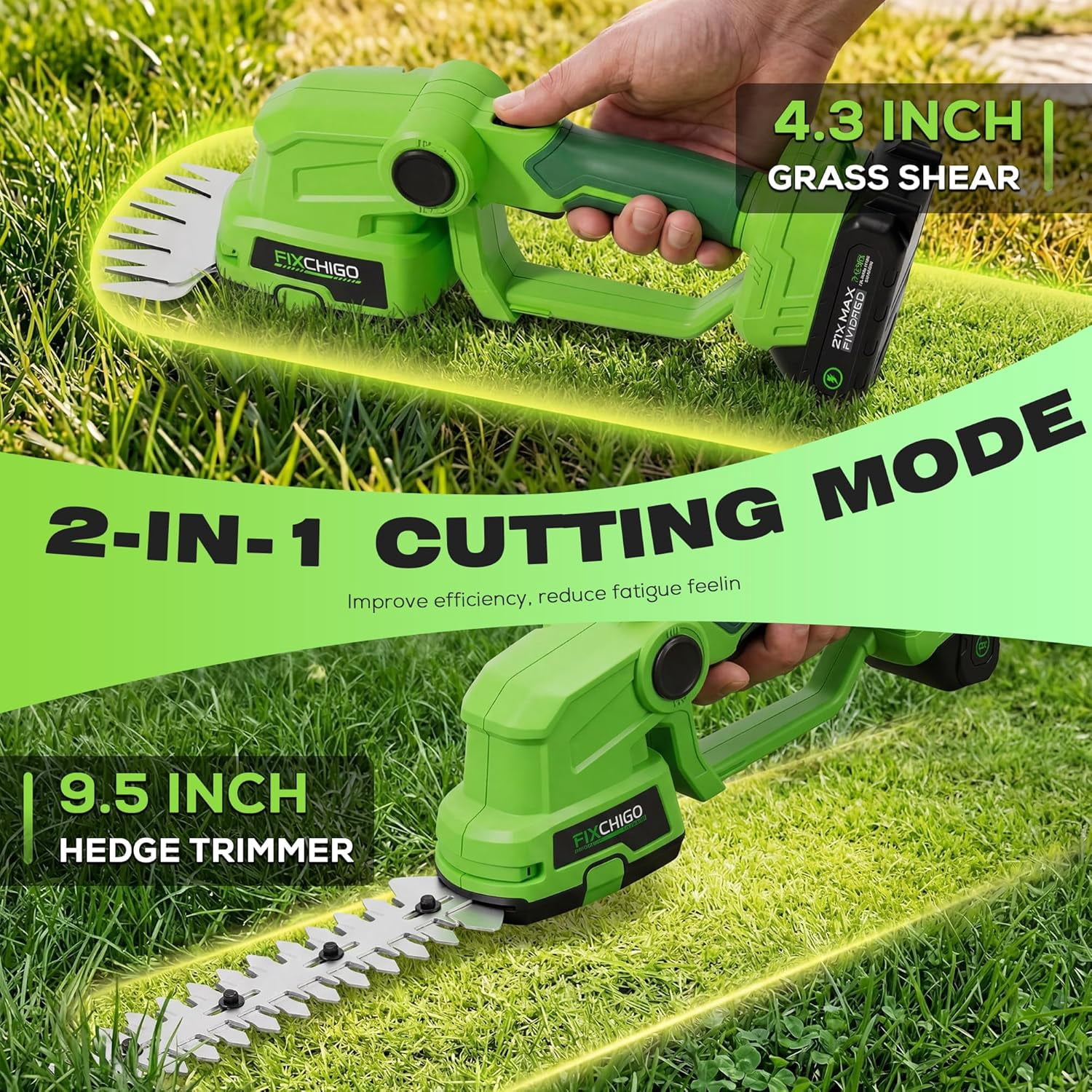 21V Cordless Hedge Trimmer 2-in-1 with 2 Batteries, Lightweight Electric Grass Shear for Garden Yard Lawn Care
