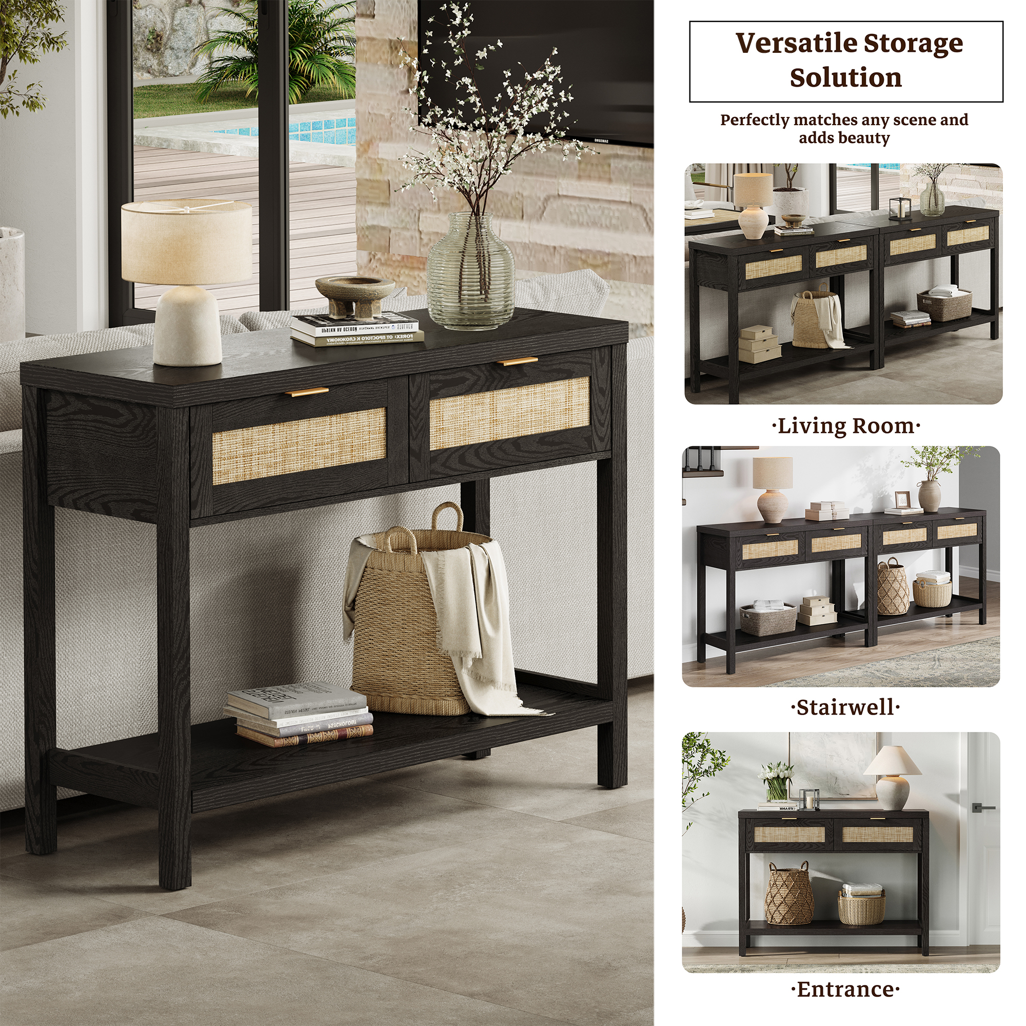 SICOTAS 39.4 Inch Wide Rattan Console Table Set of 2 with 2 Drawers & Shelf, Boho Entryway table with Large Storage Capacity for Entrance Way, Hallway, Living Room - Black Oak