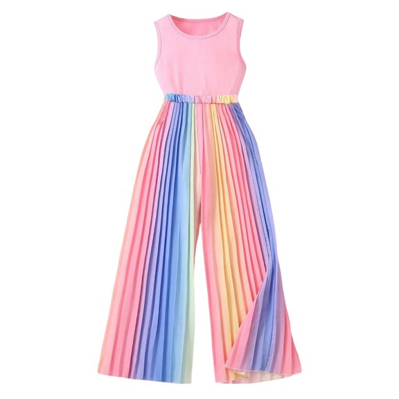 Hiijoy Big Girls Summer Outfits Crop Tank Top with Rainbow Pleated Pants, Sizes 9-10Y