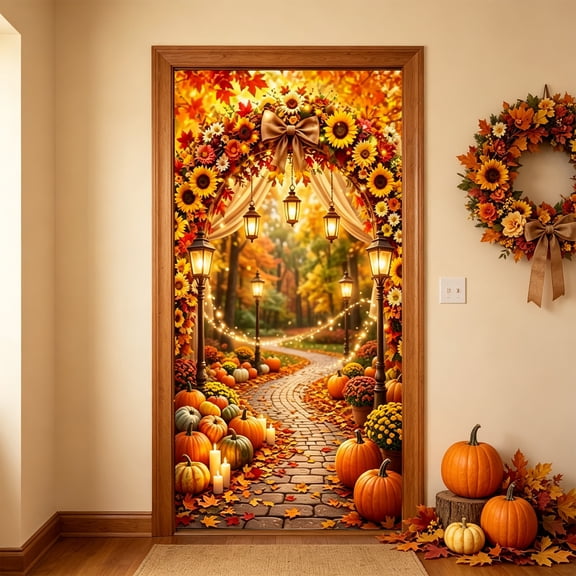 Twfbrm Thanksgiving Fall Door Cover, Autumn Hanging Banner with Pumpkins, Leaves, Sunflower, Scarecrow Print, Farmhouse Fall Background Thanksgiving Decoration for Front Door, Holiday, Party