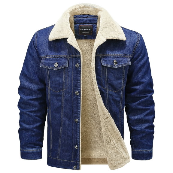 HOW'ON Men's Thicken Warm Sherpa Lined Denim Jacket Casual Button Jean Trucker Jackets Coat Blue L